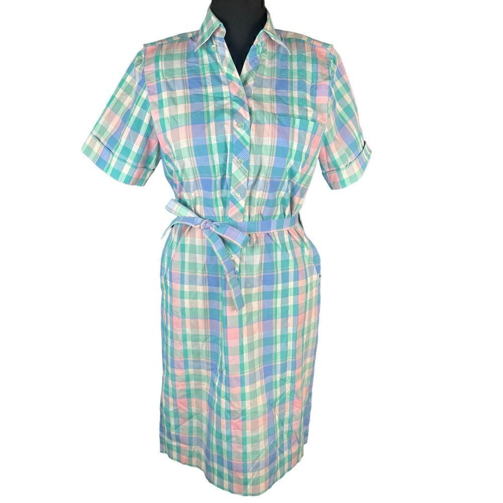 80’s Schrader pastel plaid pink blue button up short sleeve dress 14P